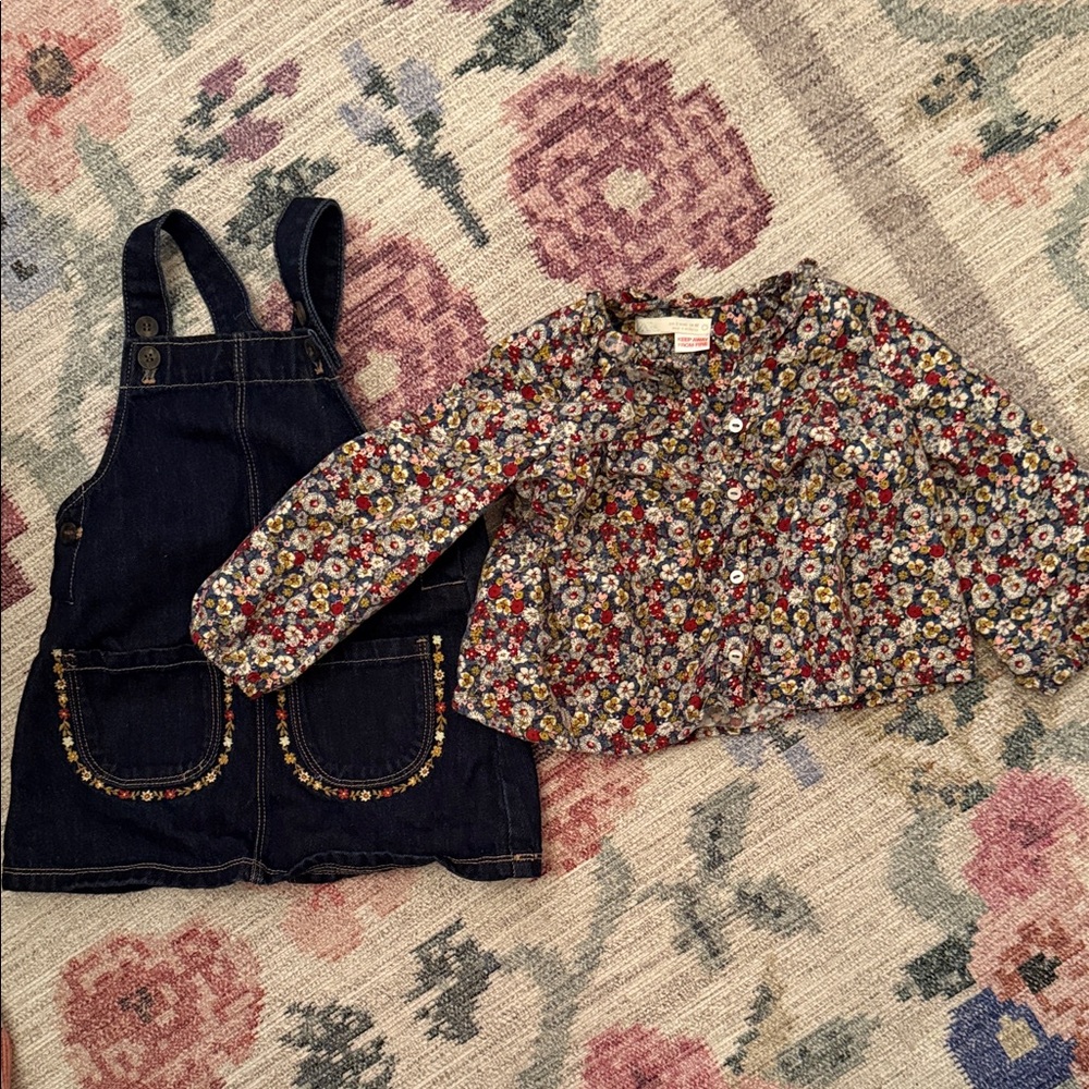 Zara Girls Floral Long-Sleeve Top & Dark Denim overall Dress Set